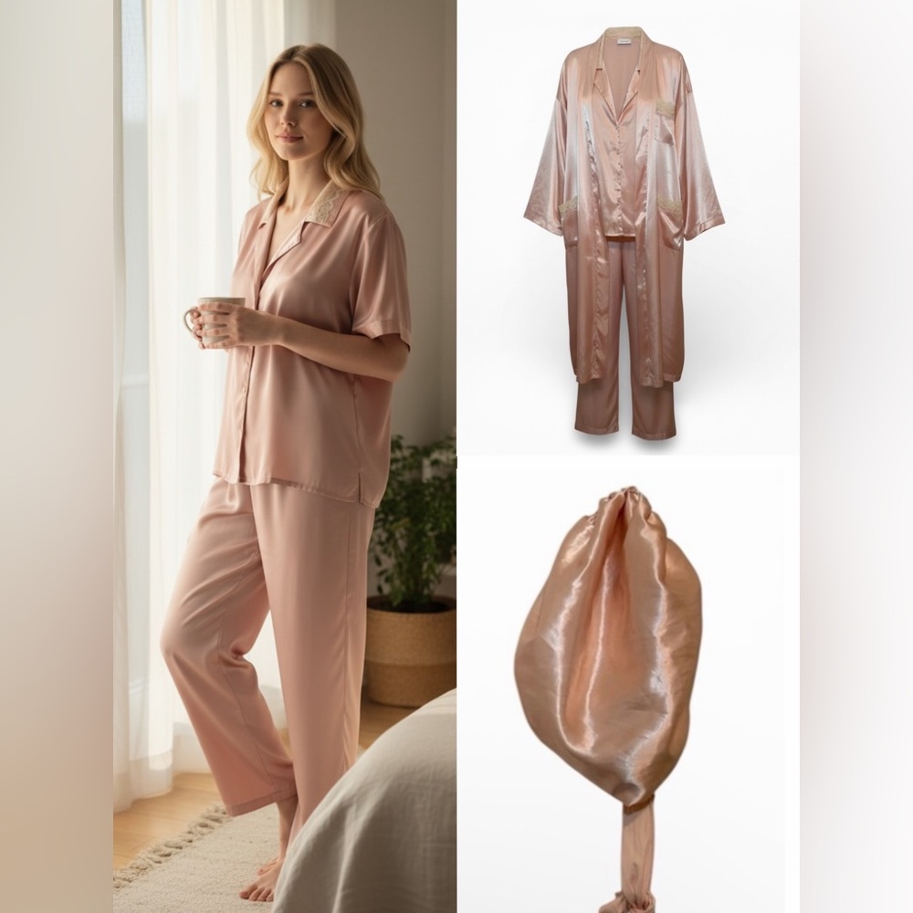 VTG Victoria’s Secret Satin4-Piece Pajama Set Robe Shirt Pants&Bonnet Peach Lace